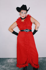 sleeveless ankle length red dress with ruffle trim vintage 1970's