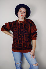 vintage 1980's Le Tigre long sleeve acrylic material navy and coral all over print pullover sweater