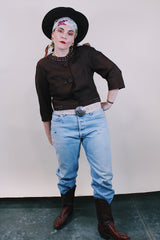 Women's vintage 1960's Buddy Bates label pure silk 3/4 arm length cropped chocolate brown jacket with round neck, three fabric covered buttons, and a full liner.