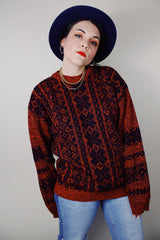 vintage 1980's Le Tigre long sleeve acrylic material navy and coral all over print pullover sweater