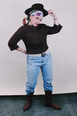 Women's vintage 1960's Buddy Bates label pure silk 3/4 arm length cropped chocolate brown jacket with round neck, three fabric covered buttons, and a full liner.