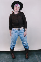 Women's vintage 1960's Buddy Bates label pure silk 3/4 arm length cropped chocolate brown jacket with round neck, three fabric covered buttons, and a full liner.