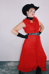 sleeveless ankle length red dress with ruffle trim vintage 1970's