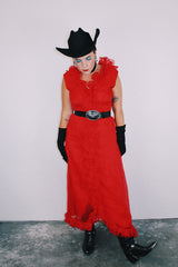 sleeveless ankle length red dress with ruffle trim vintage 1970's