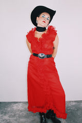 sleeveless ankle length red dress with ruffle trim vintage 1970's