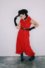 sleeveless ankle length red dress with ruffle trim vintage 1970's