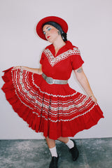 short sleeve red 1960's vintage square dance dress with white and silver ribbon trim all over