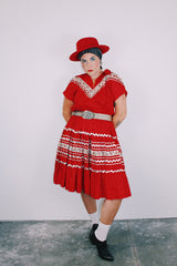 short sleeve red 1960's vintage square dance dress with white and silver ribbon trim all over