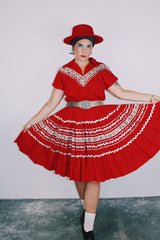short sleeve red 1960's vintage square dance dress with white and silver ribbon trim all over