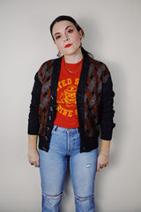 vintage 1970's Baskin, Made in Italy label long sleeve heather grey wool material printed button up cardigan sweater