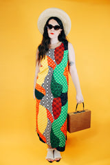 sleeveless abstract print multicolor vintage dress midi length cotton