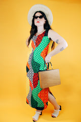 sleeveless abstract print multicolor vintage dress midi length cotton