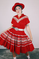 short sleeve red 1960's vintage square dance dress with white and silver ribbon trim all over