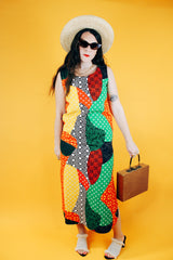 sleeveless abstract print multicolor vintage dress midi length cotton