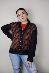 vintage 1970's Baskin, Made in Italy label long sleeve heather grey wool material printed button up cardigan sweater