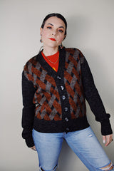 vintage 1970's Baskin, Made in Italy label long sleeve heather grey wool material printed button up cardigan sweater