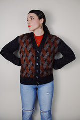 vintage 1970's Baskin, Made in Italy label long sleeve heather grey wool material printed button up cardigan sweater