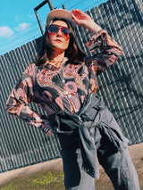 Women's or men's vintage 1970's Don Soper California by Duke of Hollywood label long sleeve button up shirt with dagger collar, chest pocket, and pearly buttons.