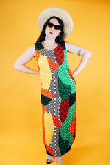 sleeveless abstract print multicolor vintage dress midi length cotton