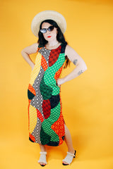 sleeveless abstract print multicolor vintage dress midi length cotton