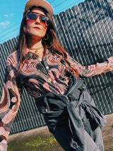 Women's or men's vintage 1970's Don Soper California by Duke of Hollywood label long sleeve button up shirt with dagger collar, chest pocket, and pearly buttons.