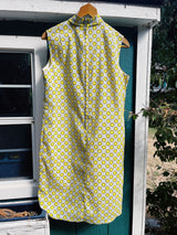 sleeveless mid length shift dress with tie neck grey with yellow floral print vintage 1960's