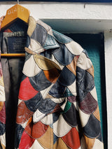 long sleeve multi colored scalloped patchwork leather jacket double lapel vintage 1970's