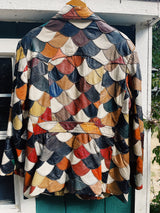long sleeve multi colored scalloped patchwork leather jacket double lapel vintage 1970's