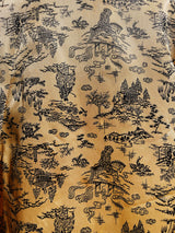 short sleeve gold silky printed dress knee length vintage 1960's with collar and v neck