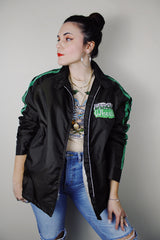 vintage 1980's California label long sleeve brown zip up sports jacket with green stripes on the sleeves in nylon material