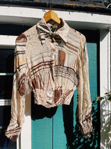 sheer cropped button up blouse with collar and ruched cuffs and hems women's retro 1990's