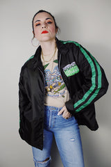 vintage 1980's California label long sleeve brown zip up sports jacket with green stripes on the sleeves in nylon material