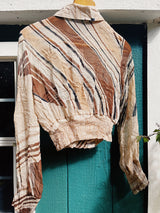 sheer cropped button up blouse with collar and ruched cuffs and hems women's retro 1990's