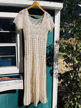 short sleeve cream crochet maxi skirt with adjustable tie waist vintage 1970's