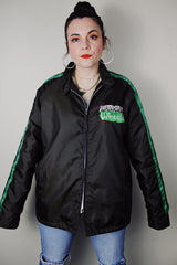 vintage 1980's California label long sleeve brown zip up sports jacket with green stripes on the sleeves in nylon material