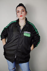 vintage 1980's California label long sleeve brown zip up sports jacket with green stripes on the sleeves in nylon material