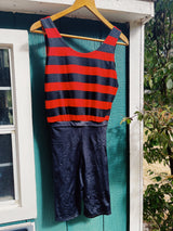sleeveless knee length one piece unitard black and red stripes 1980's nylon spandex blend