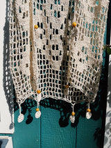 sleeveless cream crochet vest with beaded trim details vintage 1970's