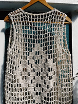 sleeveless cream crochet vest with beaded trim details vintage 1970's