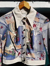 long sleeve printed cropped top blouse with collar and buttons vintage 1970's