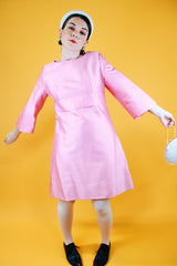3/4 arm length pink silk like dress knee length vintage 1960's shift