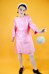 3/4 arm length pink silk like dress knee length vintage 1960's shift