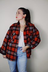 vintage 1970's Montgomery Ward long sleeve wool material red with grey and black plaid print button up shacket