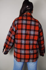 vintage 1970's Montgomery Ward long sleeve wool material red with grey and black plaid print button up shacket