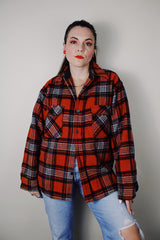 vintage 1970's Montgomery Ward long sleeve wool material red with grey and black plaid print button up shacket