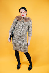 wool chevron striped olive green and cream jacket and pencil skirt set jacket has fur trim vintage 1960's