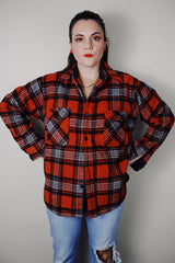 vintage 1970's Montgomery Ward long sleeve wool material red with grey and black plaid print button up shacket