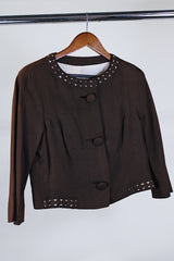 Women's vintage 1960's Buddy Bates label pure silk 3/4 arm length cropped chocolate brown jacket with round neck, three fabric covered buttons, and a full liner.
