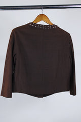Women's vintage 1960's Buddy Bates label pure silk 3/4 arm length cropped chocolate brown jacket with round neck, three fabric covered buttons, and a full liner.