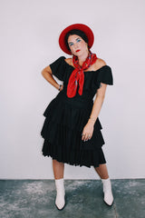 midi length black off the shoulder tiered dress vintage 1980's